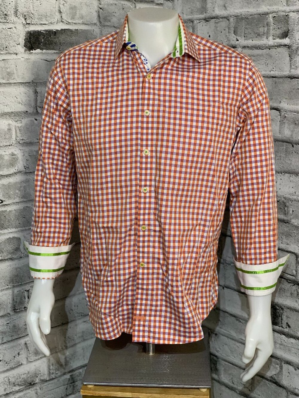 Robert Graham Shirt Mens Med Orange Purple Check Contrast Flip Cuff Date Night
